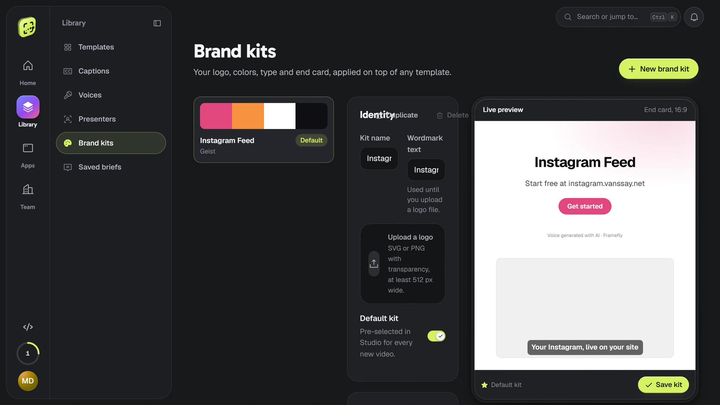 A brand kit in the Framefly app: identity, colours, and a live preview of the end card