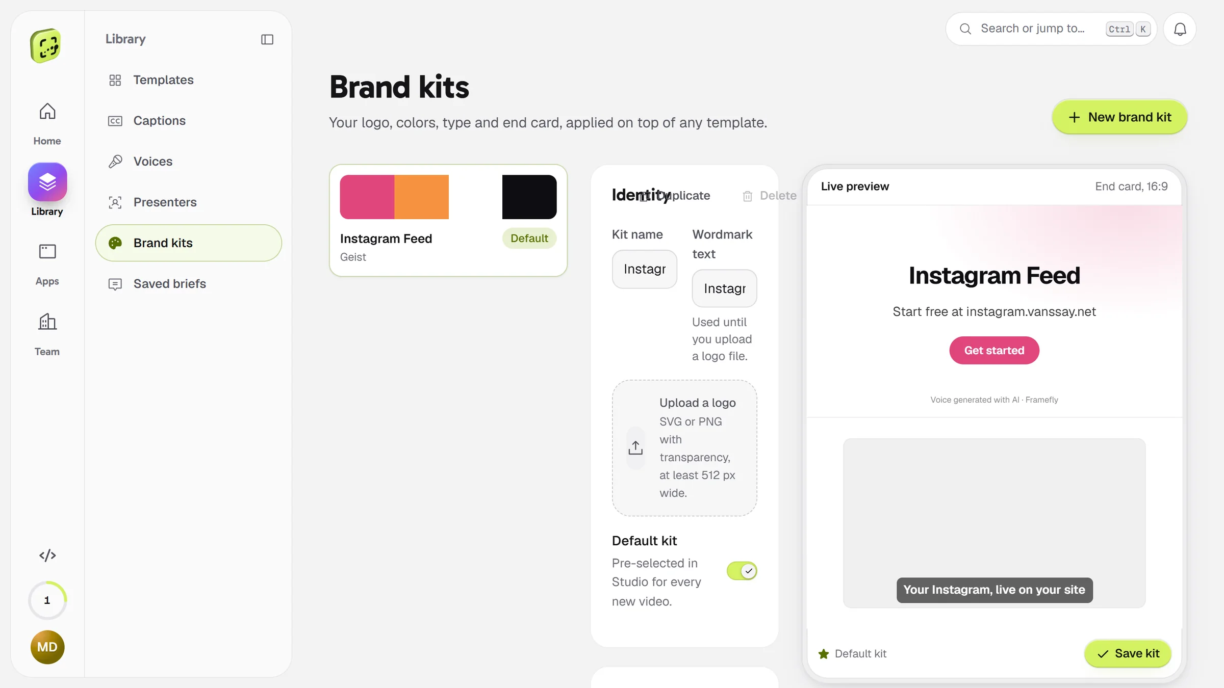 A brand kit in the Framefly app: identity, colours, and a live preview of the end card