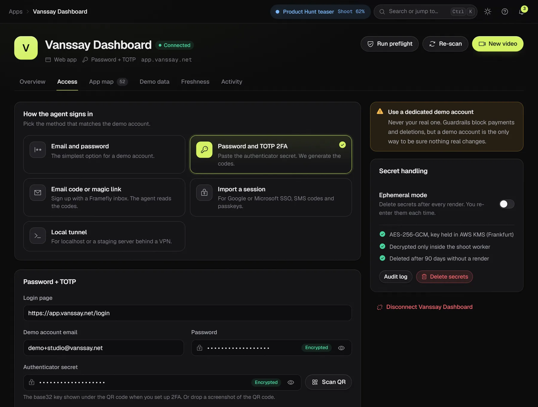 The Access tab of a connected app: five sign-in methods, with Password and TOTP 2FA selected, encrypted fields and a panel on secret handling.
