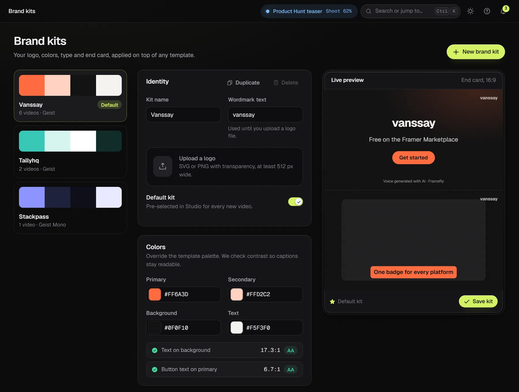 A brand kit: logo, color pickers with contrast checks, typography, caption style, end card and watermark settings, with a live preview.