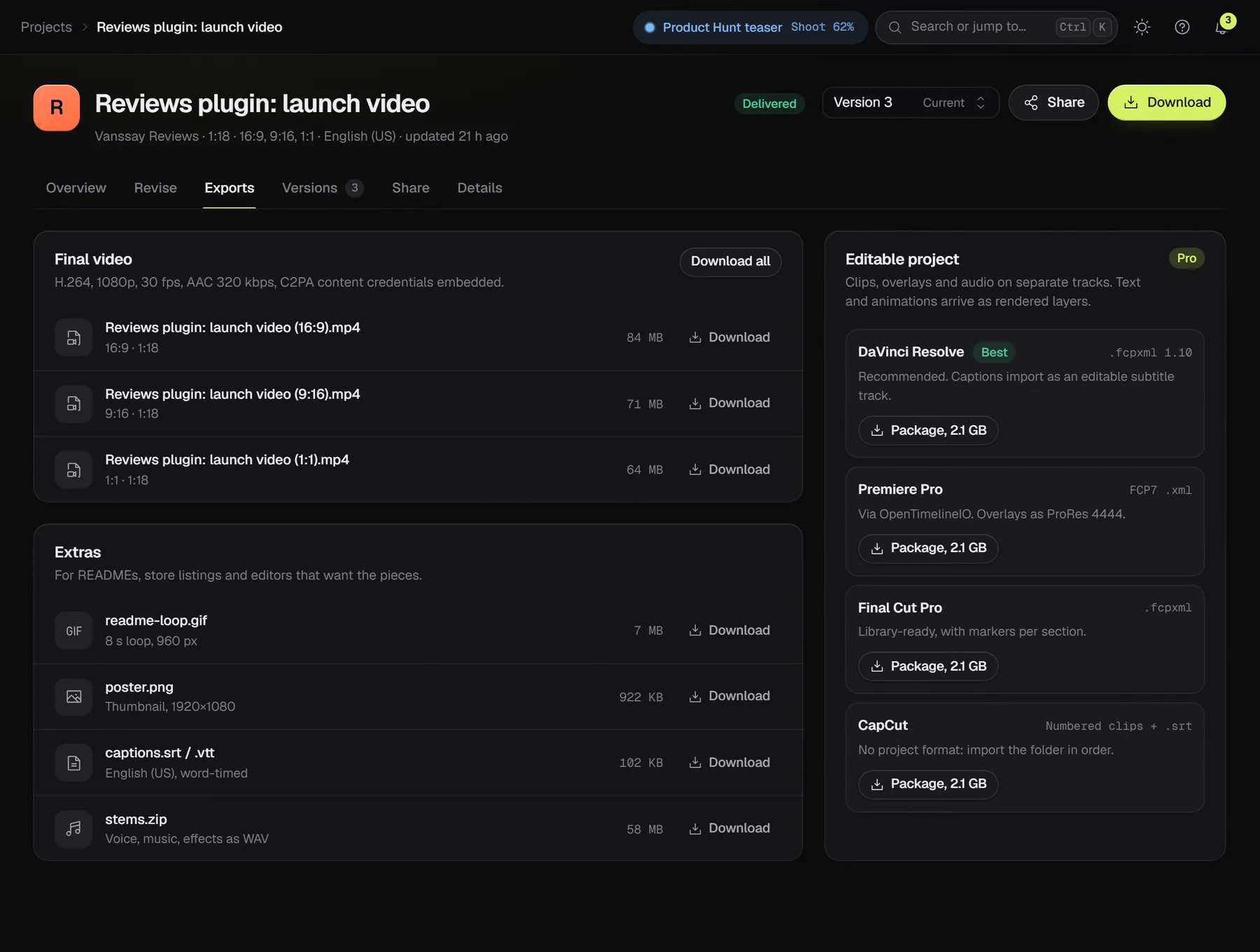 The Exports tab: three MP4 files in 16:9, 9:16 and 1:1, a README GIF, a poster, caption files and stems, and editable project packages for DaVinci Resolve, Premiere Pro, Final Cut Pro and CapCut.