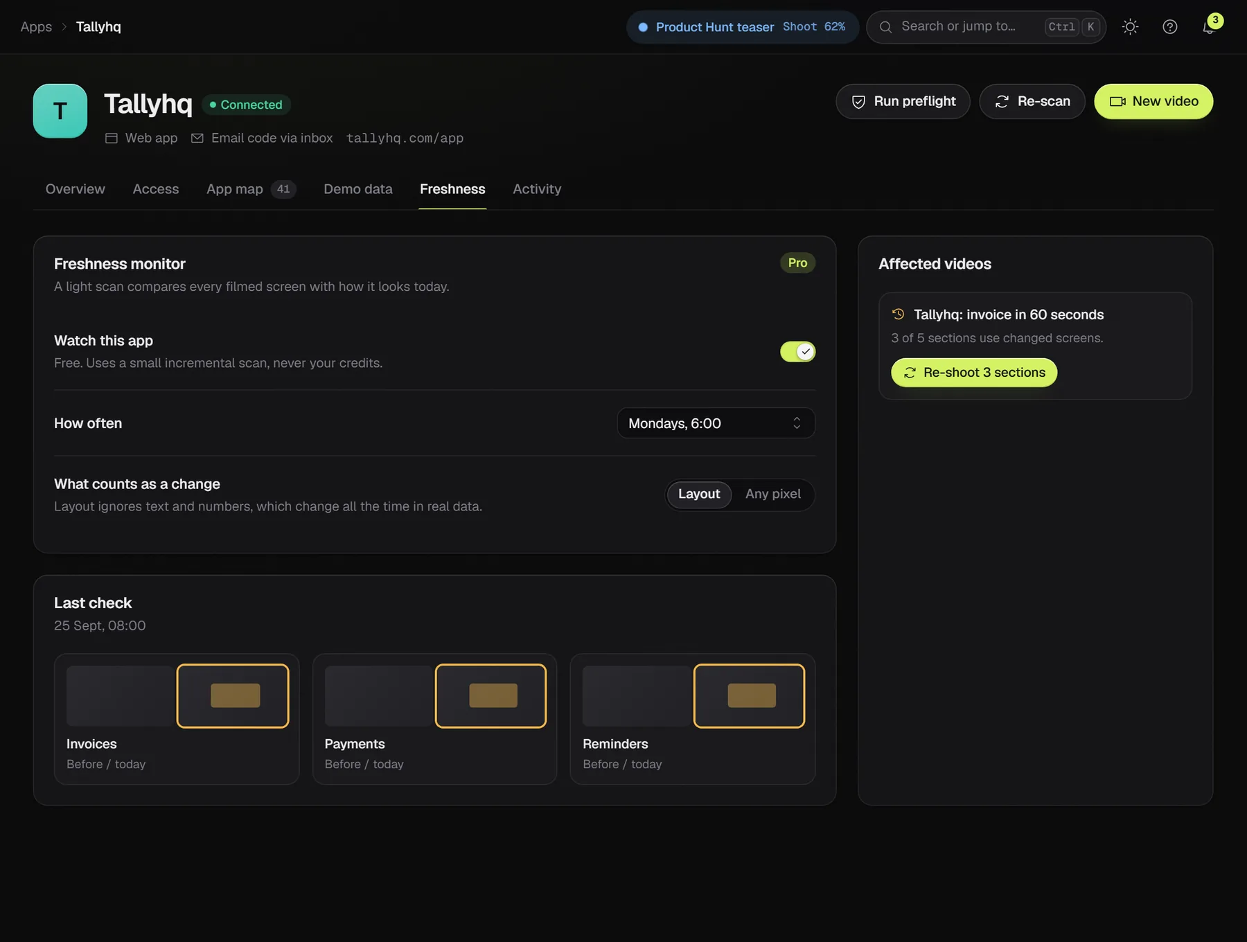 The freshness monitor for an invoicing app: a weekly scan, a before and after for three changed screens, and one affected video with a button to re-shoot three sections.