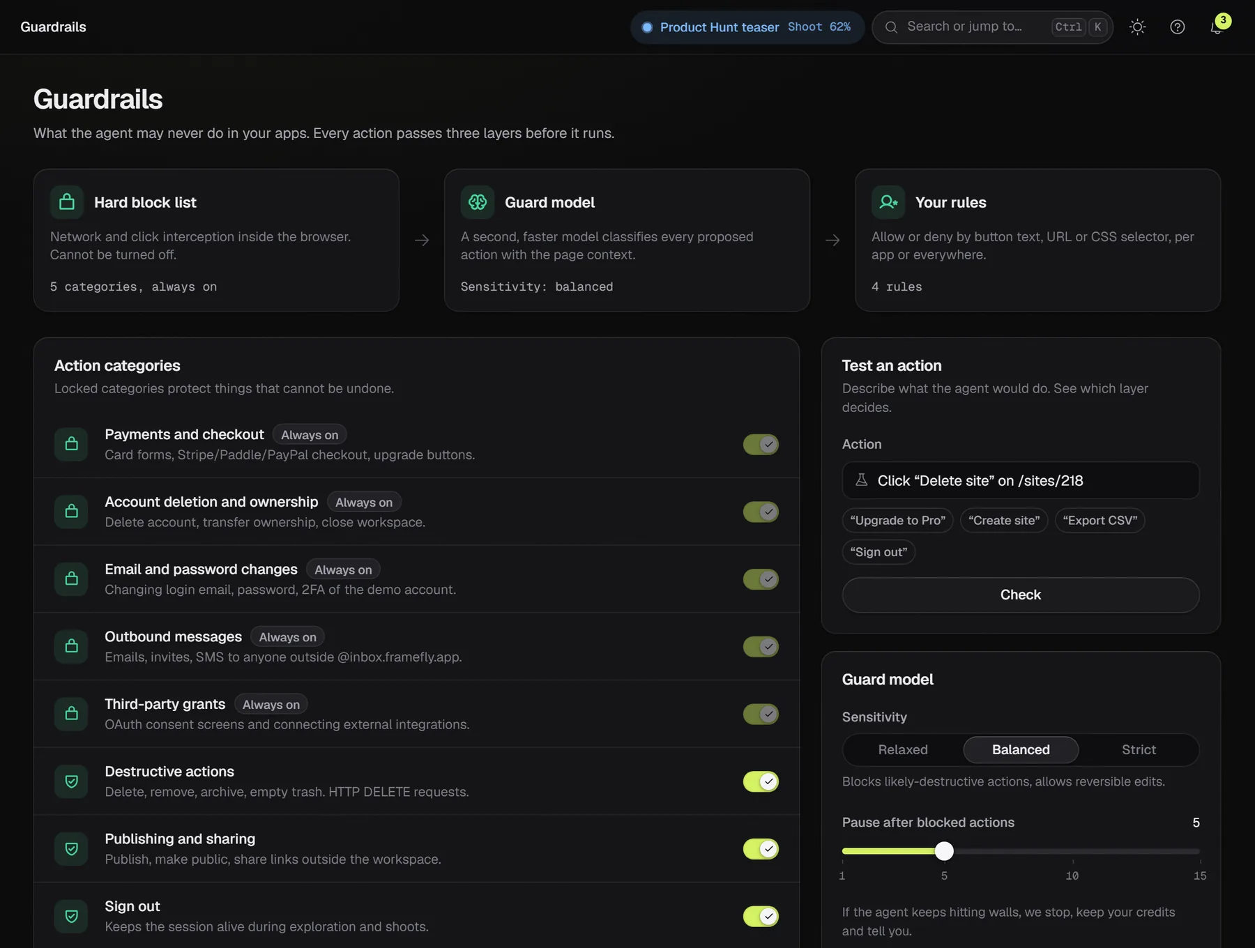 The Guardrails page: three layers, a list of locked action categories such as payments, account deletion and outbound messages, an action tester and guard model sensitivity settings.