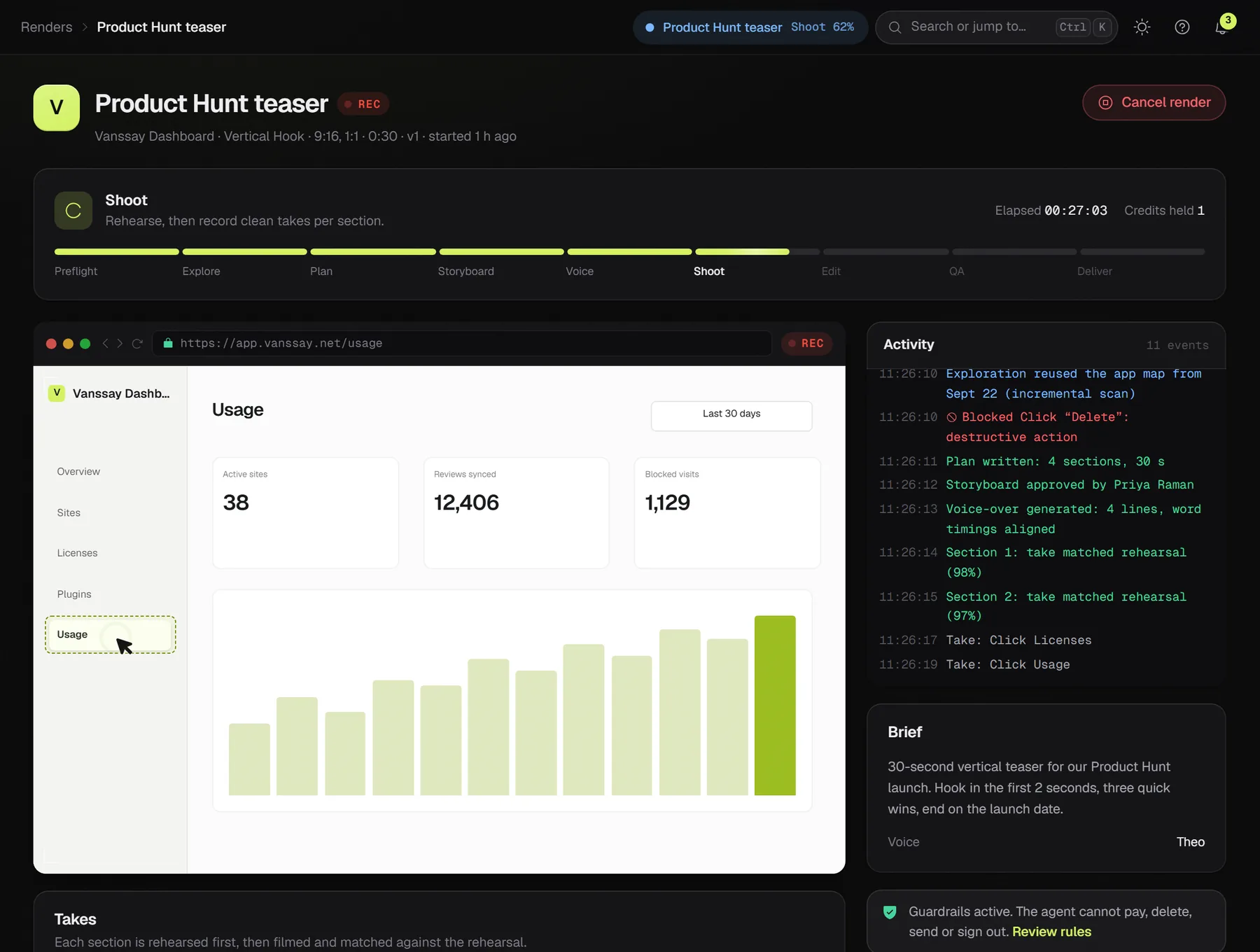 A render during the shoot stage: the agent's browser recording a usage page with a REC tally, a dashed focus box around the target, the activity log and the brief.