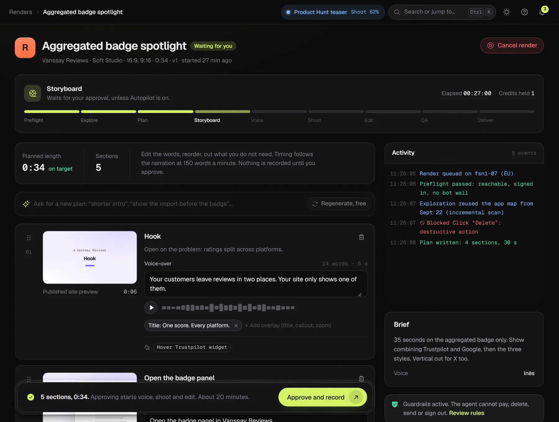 Storyboard review: planned length 0:34 on target, five sections with thumbnails, editable voice-over lines with word count and duration, overlays, and an Approve and record button.