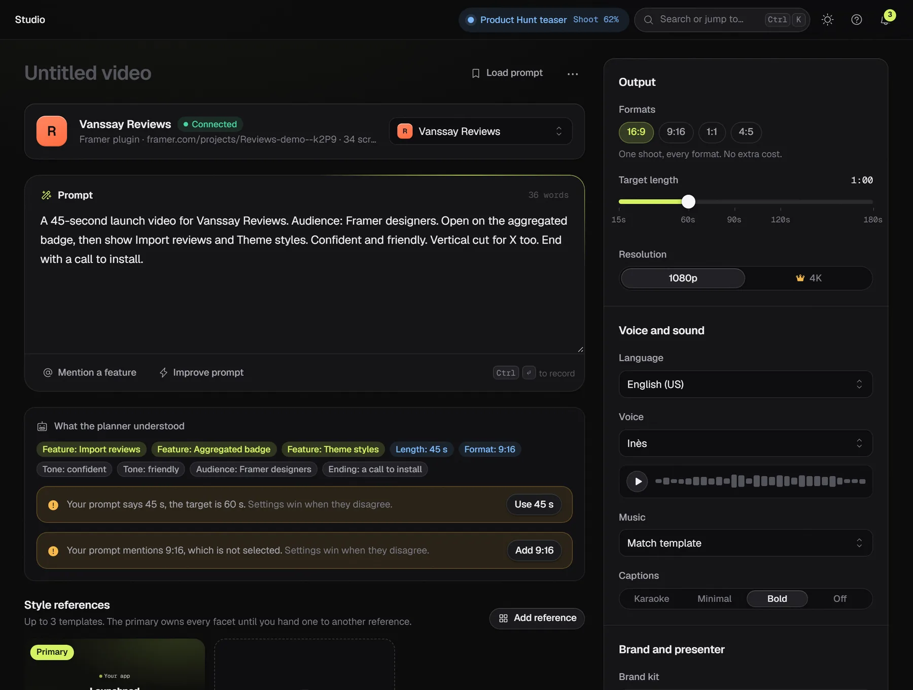 The Studio: a prompt for a 45-second launch video, the features, length, tone and audience the planner understood, two conflict warnings with one-click fixes, and the output, voice and caption settings.