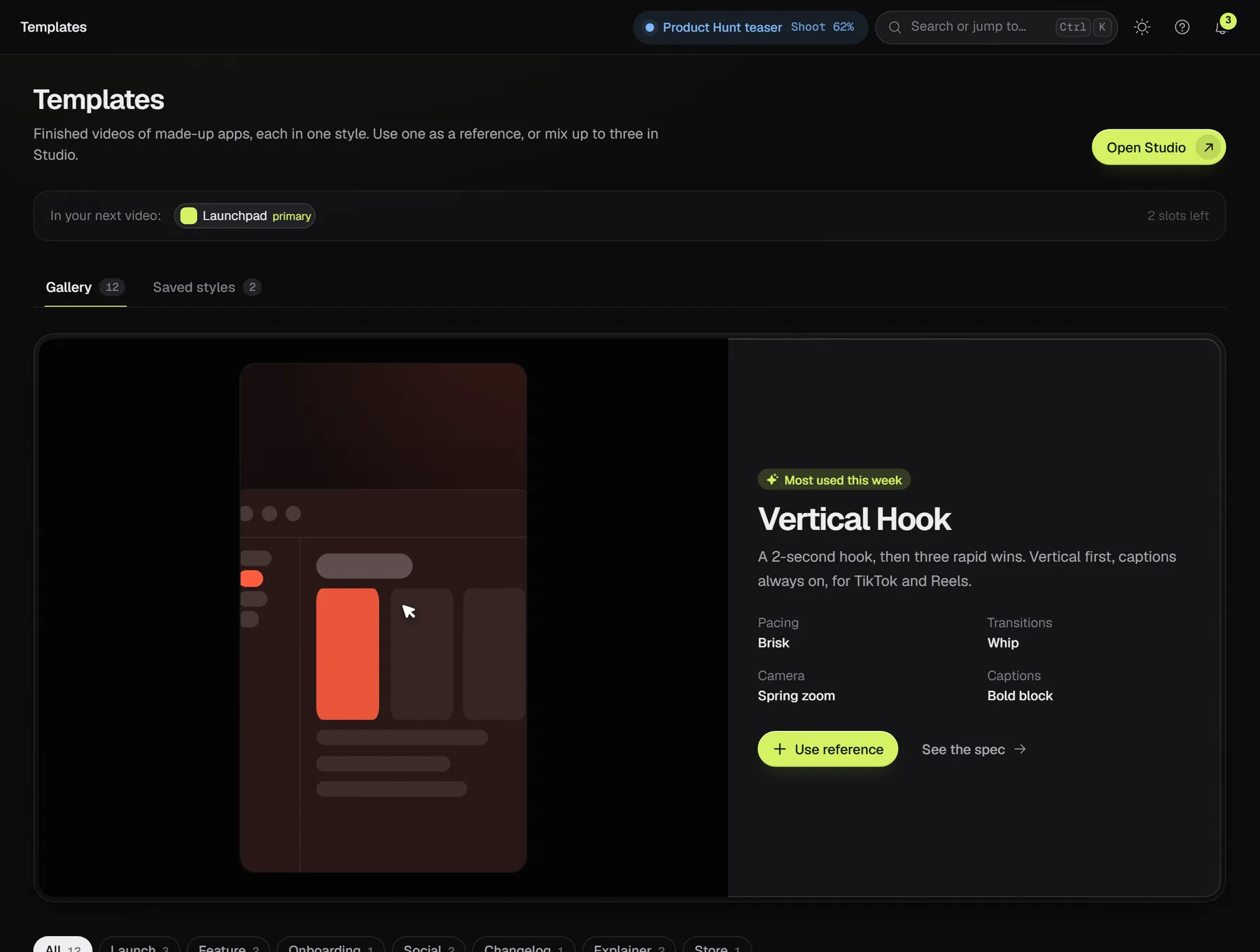 The Templates page in the app: a featured Vertical Hook template with its pacing, transitions, camera and captions, and category filters.