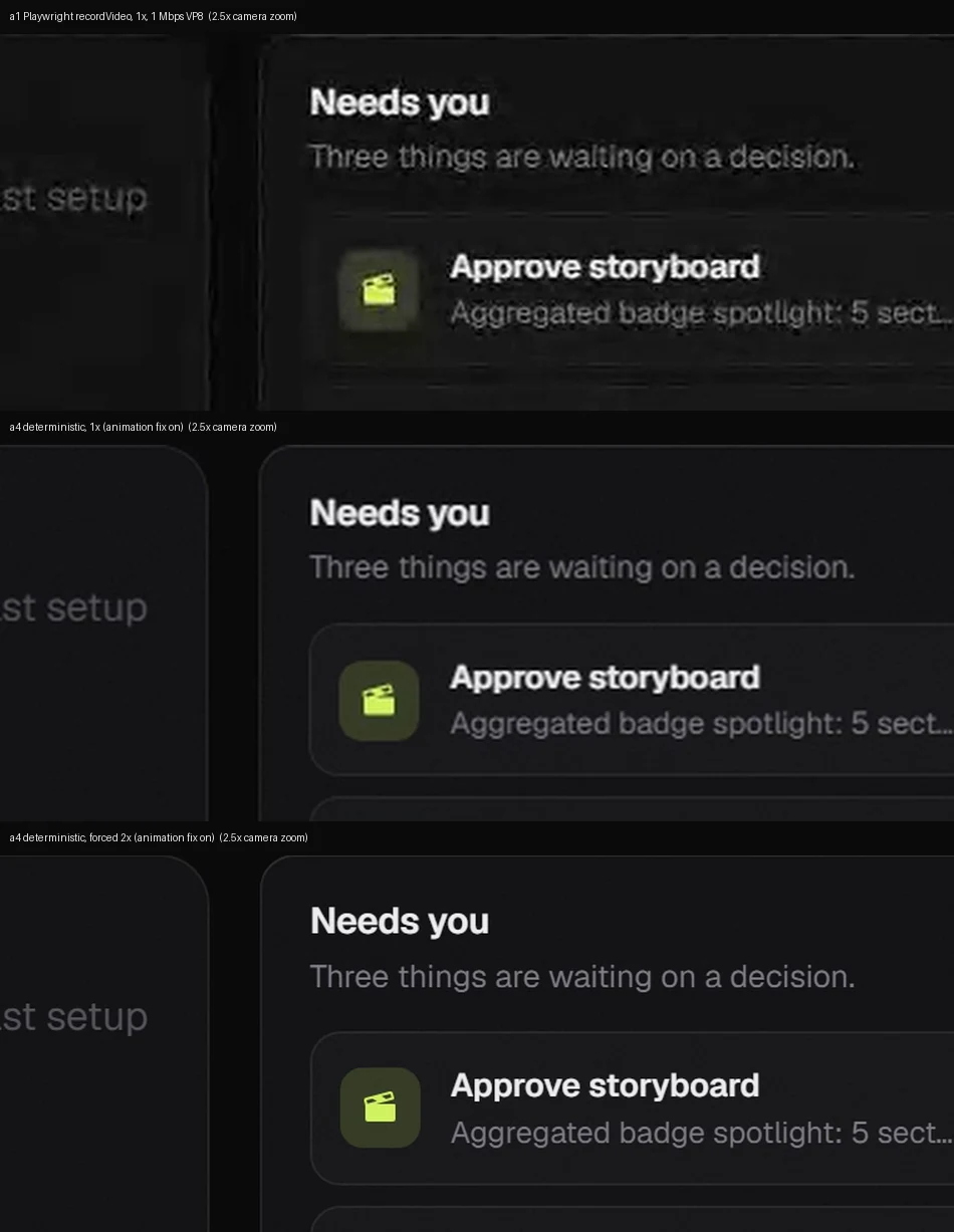 The same frame of the Framefly home screen zoomed 2.5 times, three ways: a blurry, blocky browser recording on top, a clean but soft deterministic 1x capture in the middle, and a crisp deterministic 2x capture at the bottom.